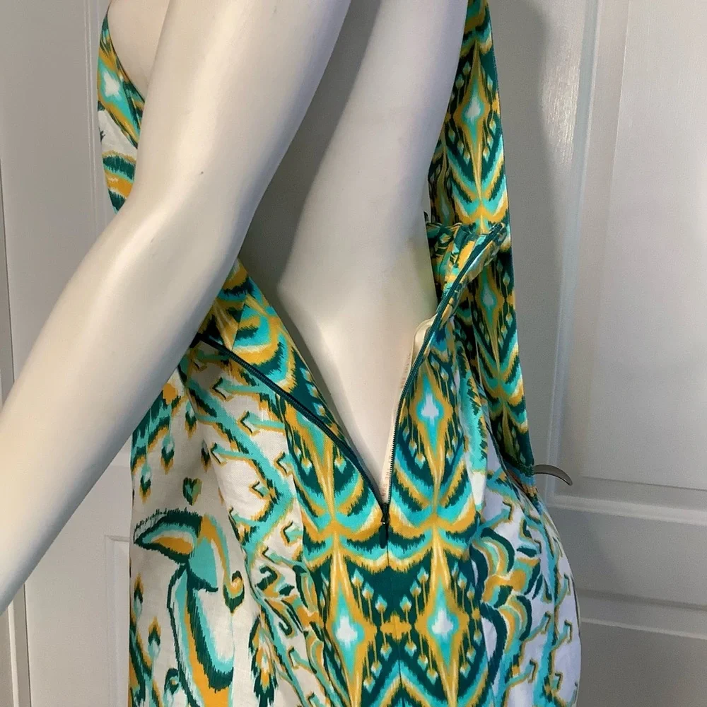 FARM RIO Blue/Greens & Cream Beads Tropical Tapestry Linen Halter Maxi Sundress - Picture 10 of 16